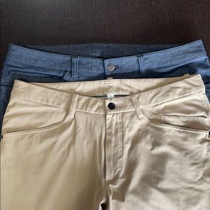 Two Lululemon ABC pants: khaki and blue canvas